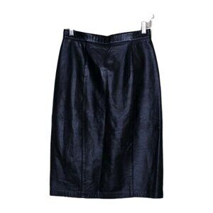 Liz Harbosin Black Leather Skirt 12 VTG Midi Lined Back Zip Slit Canada Bossy